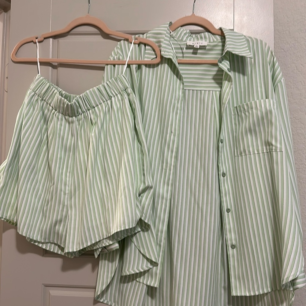Green and white striped Button down top with matching shorts. NEVER BEEN WORN!